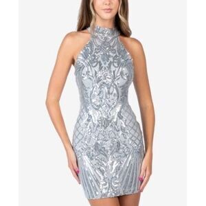 B.Darlin Sequin Cutout-back Halter Dress In Gray Silver 5/6 (New no Tag)